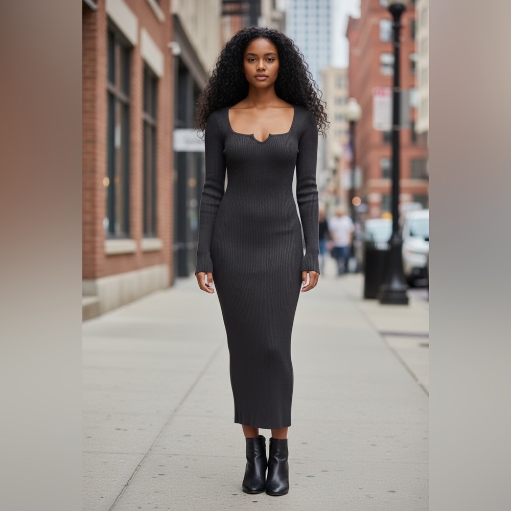 Wayf Black Ribbed Knit Dress S